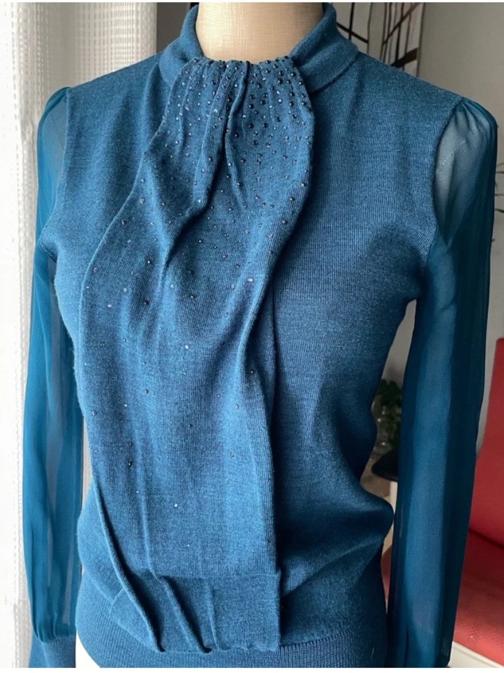 Tory Burch Abitha Wool Sweater with Silk Chiffon Sleeves & Beaded Pleat XS Teal